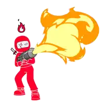 a cartoon drawing of a person holding a cannon that is shooting flames