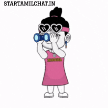 a girl in a pink dress is looking through binoculars with the website starttamilchat.in written below her
