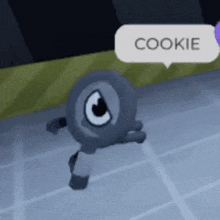 a cartoon character with a speech bubble that says `` cookie '' .