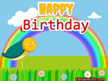 a happy birthday greeting card with a turtle and rainbow