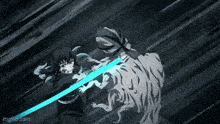 a person is holding a blue sword and fighting another person with a sword .