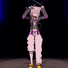 a 3d anime girl is dancing on a stage holding a sword .