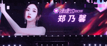 a woman stands on a stage in front of a screen with chinese writing