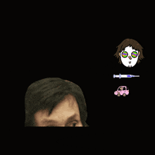 a man is looking at a cartoon of a skull with a syringe and two cars
