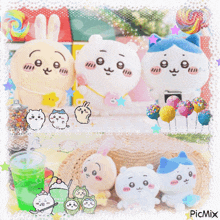 a collage of stuffed animals including a rabbit and a cat with the word picmix at the bottom