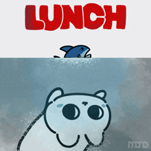 a cartoon of a shark and a cat with the word lunch above them