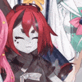 a close up of a red haired anime character with a white face and black eyes .