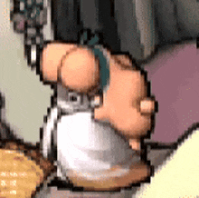 a pixel art of a cartoon character sitting on a bed holding a cup .