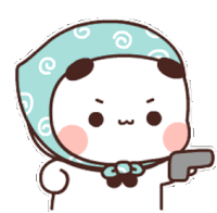 a cartoon panda bear is holding a gun and wearing a scarf .