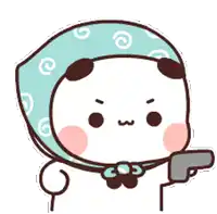 a cartoon panda bear is holding a gun and wearing a scarf .
