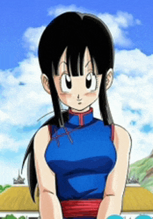 a girl from dragon ball z is wearing a blue tank top