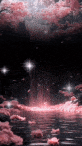 a waterfall surrounded by pink flowers and stars