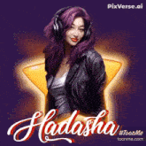 a woman with purple hair wearing headphones and the name hadasha on the bottom