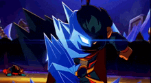 a cartoon character is holding a sword and a shield in his hands .