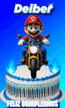 a birthday cake with mario on it and the name deiber on top