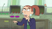 a cartoon of a woman with braces on her teeth making a funny face