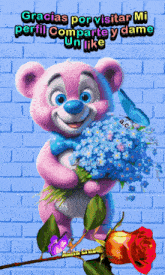 a pink teddy bear holding a bouquet of blue flowers and a rose