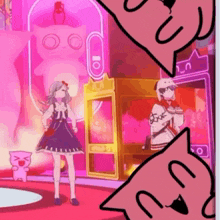 a girl in a dress is standing next to a pink cat in a pink room .