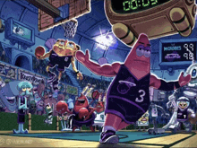 a cartoon of spongebob playing basketball with the number 3