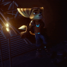 a cartoon character is hanging from a rope in the dark