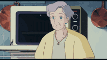 an elderly woman stands in front of a microwave oven