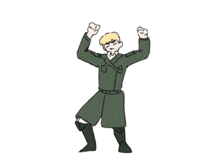 a cartoon of a man in a trench coat dancing with his hands in the air .