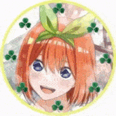 a girl with orange hair and blue eyes is wearing a green bow on her head .