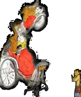 a cartoon drawing of a man in a wheelchair riding a motorcycle