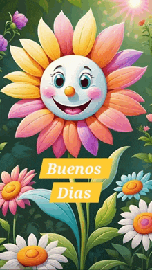 a colorful flower with a smile on its face and the words buenos dias below it