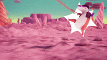a cartoon character with a hat and a purple mask is standing in a pink desert