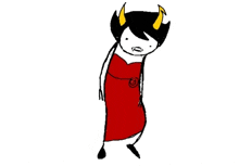 a cartoon character with horns and a red dress is standing on a white background .