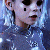 a close up of a person 's face with the word voo written on it