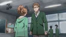 a man in a green jacket talks to a girl
