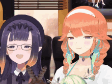 two anime girls are sitting next to each other with one wearing glasses and the other wearing a choker