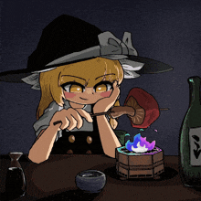 a drawing of a witch with a bottle of sake