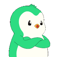 a green and white penguin with its arms crossed and a red nose