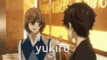 a couple of anime characters are standing next to each other and the word yukiru is on the bottom right