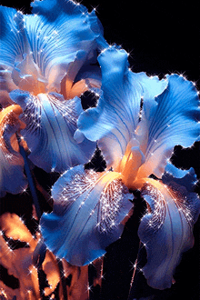 a blue flower with a yellow center is surrounded by glitter