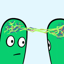 a cartoon drawing of two green heads with a string coming out of one of them