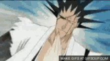 a gif of a man with spikes on his head and the words make gifs at gifsoup.com