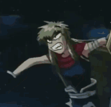 a cartoon character is standing in the dark with his arms in the air and making a funny face .