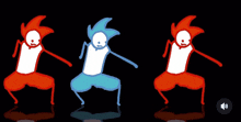 a cartoon of three people dancing with a sound button in the bottom right corner