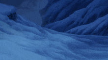 a painting of a snowy mountain with a dark sky in the background