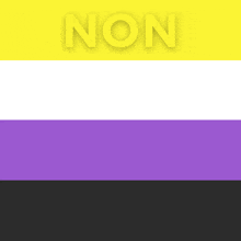 a yellow white and purple flag with the word non on the top