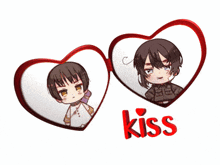 a couple of hearts with the word kiss in red