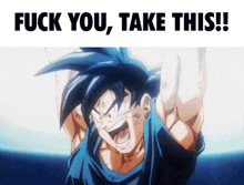 a picture of a cartoon character with the words " fuck you take this "