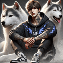 a man wearing a hoodie that says mb sits between two husky dogs