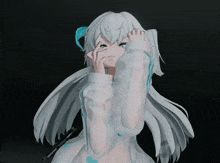 a girl with long white hair is covering her eyes with her hands