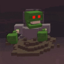 a pixel art of a monster with red eyes sitting on a pile of dirt .