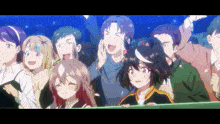 a group of people are watching a race and one of the girls is wearing a black jacket